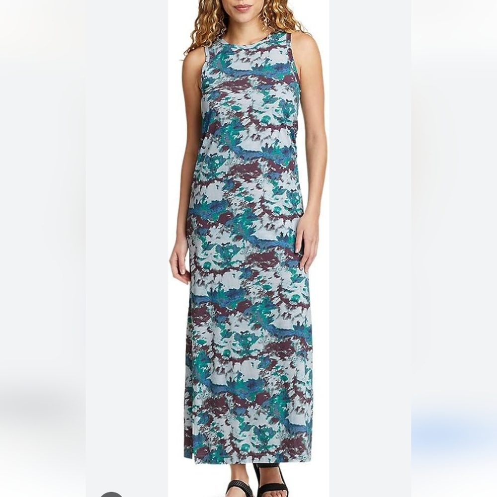 -Eddie Bauer Pink and Green Sleeveless Sheath Maxi With Bilateral Slits Dress